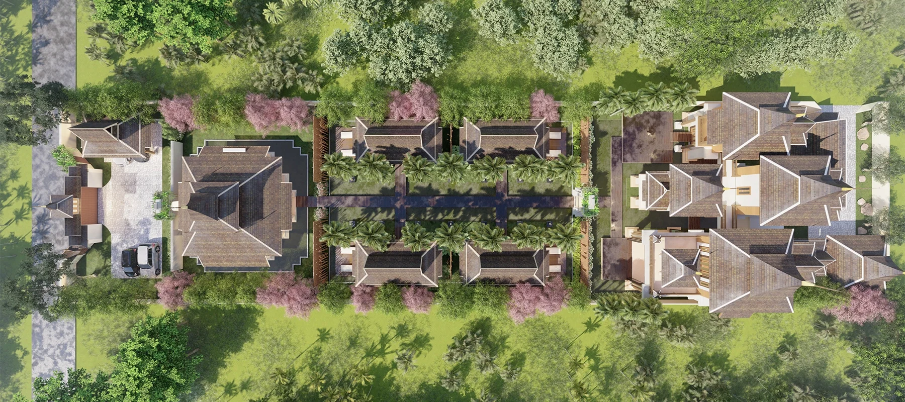 Landscape design of a Thai-inspired vacation home, aerial view showing the building layout, tropical garden, and parking area.