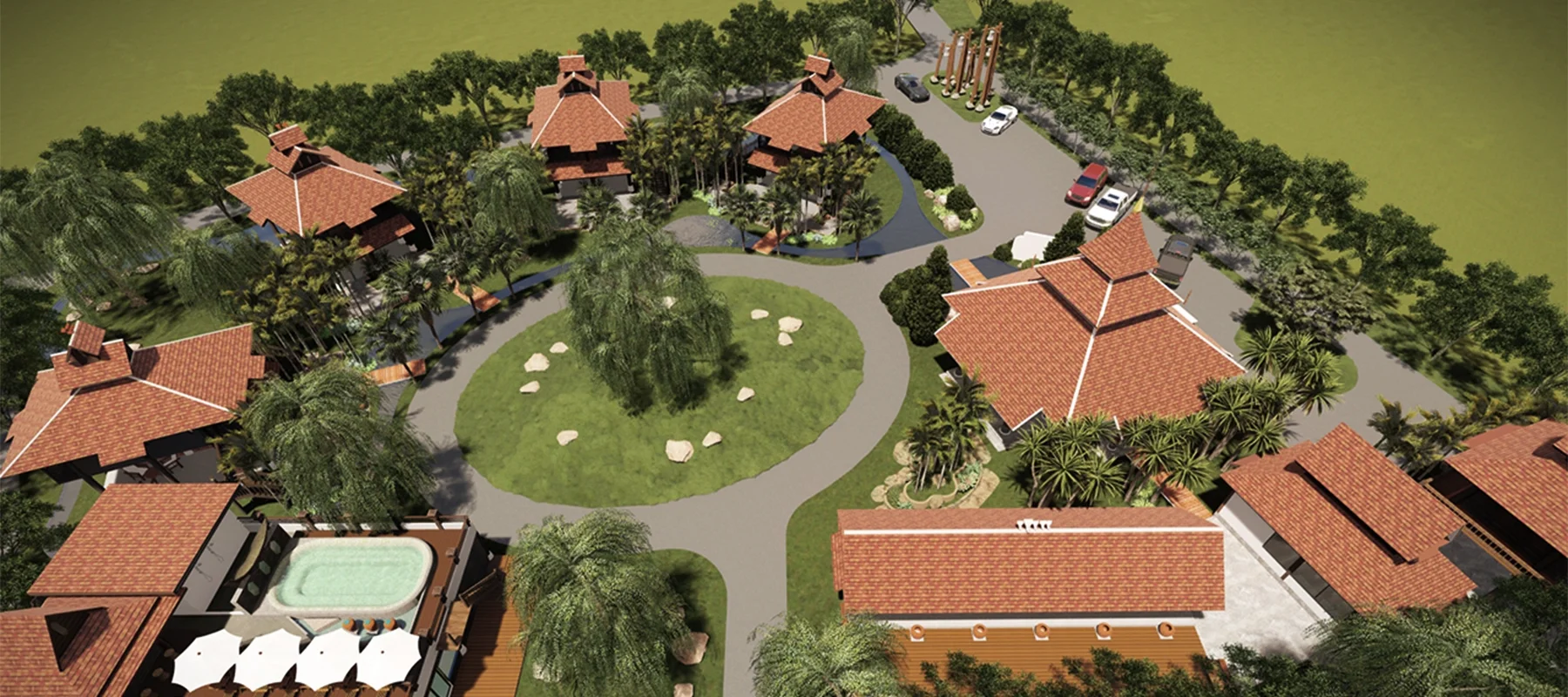ออกแบบภูมิสถาปัตยกรรมรีสอร์ทและวางผังบ้านพัก สไตล์ไทยประยุกต์ ภาพมุมสูงจัดวางอาคารและสวนเขตร้อน