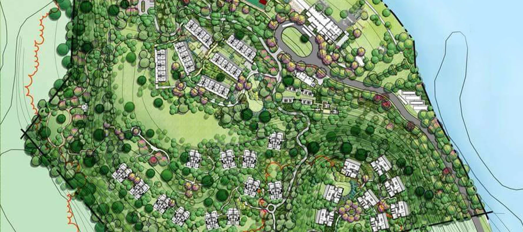 Landscape Master Plan Design for a large resort project, showing buildings and topography on a hillside.