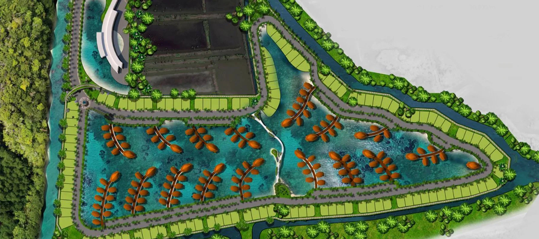แปลนภูมิทัศน์และผังแม่บทรีสอร์ทกลางน้ำ ออกแบบวิลล่ารูปทรงใบไม้ลอยน้ำ