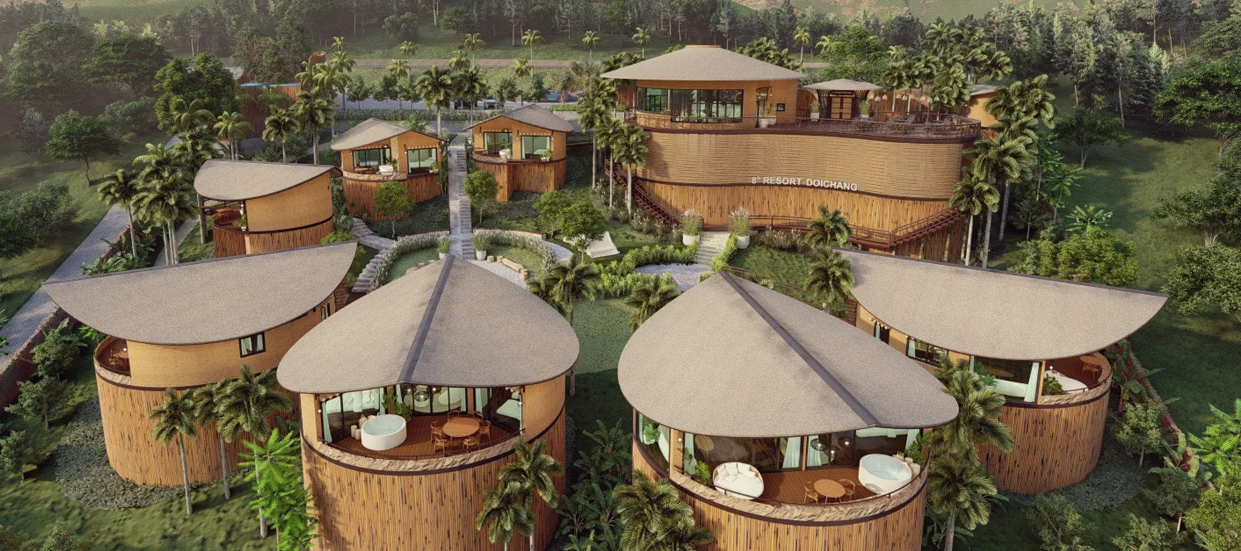 งานออกแบบรีสอร์ต ดอยช้าง เชียงราย ประกอบด้วยวิลล่าทรงกลมหลังคามุงจาก ผนังไม้ไผ่ ท่ามกลางเนินเขาสีเขียว เน้นการออกแบบที่กลมกลืนกับธรรมชาติ