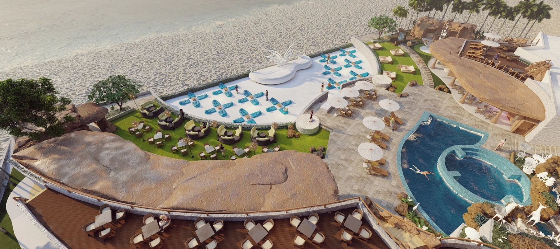ภาพเรนเดอร์งานออกแบบภูมิทัศน์คาเฟ่และร้านอาหารริมชายหาด สระว่ายน้ำ พื้นที่พักผ่อน และระเบียงรับประทานอาหาร