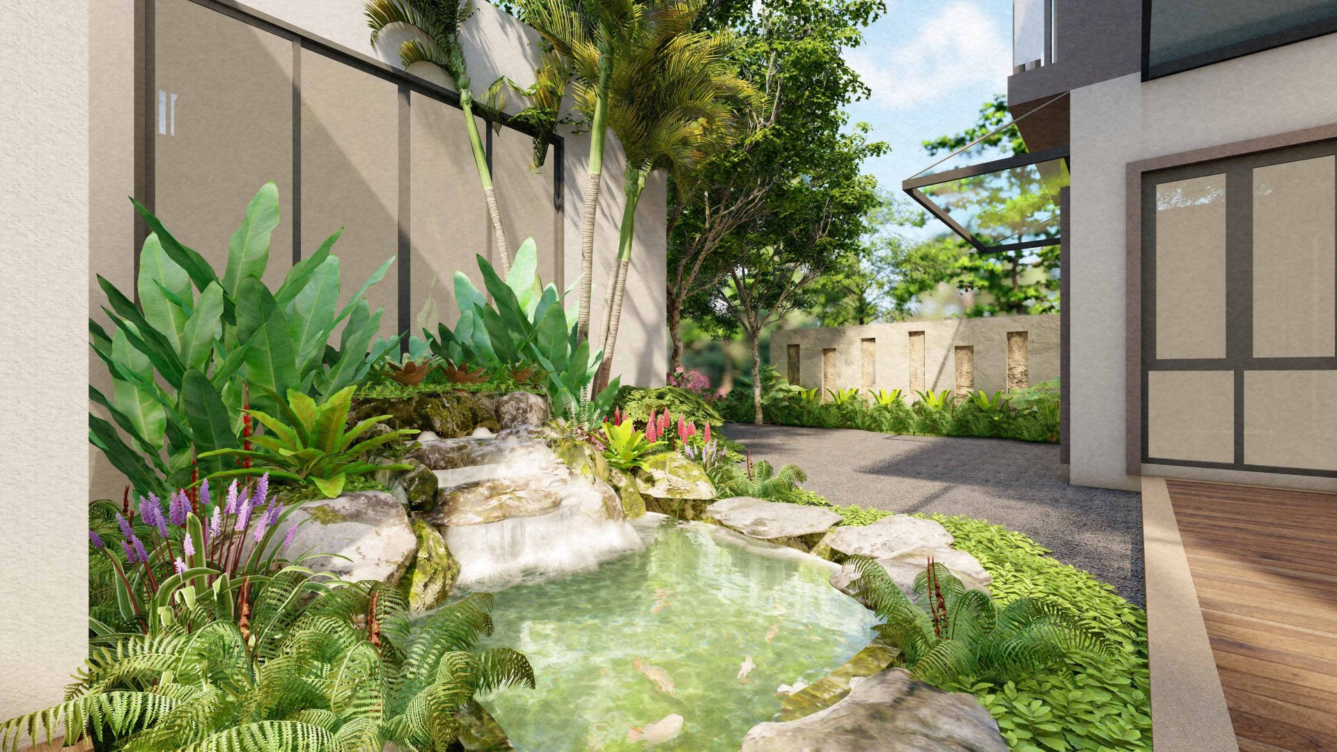 ออกแบบ จัดสวน น้ำตกในสวน หินเทียม ราคาถูก สวนบ้าน เชียงใหม่ ชลบุรี 