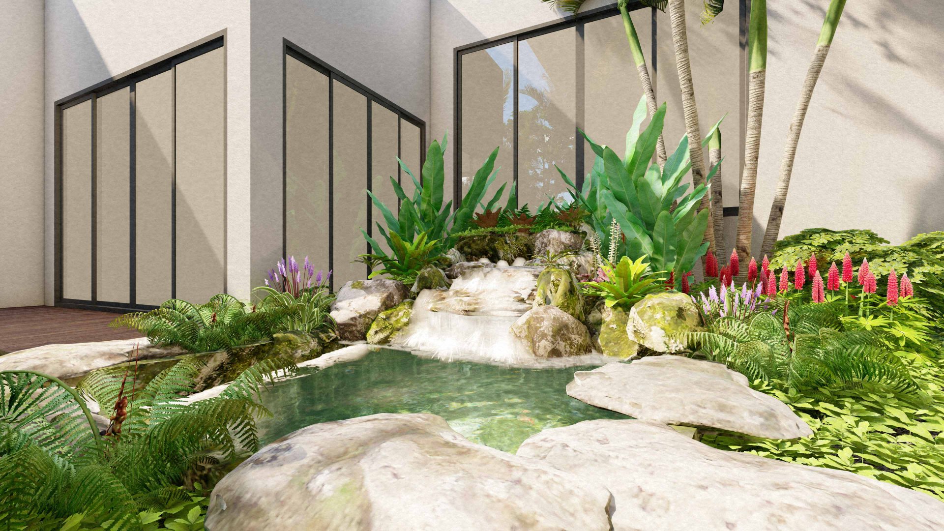 ออกแบบ จัดสวน น้ำตกในสวน หินเทียม ราคาถูก สวนบ้าน เชียงใหม่ ชลบุรี 