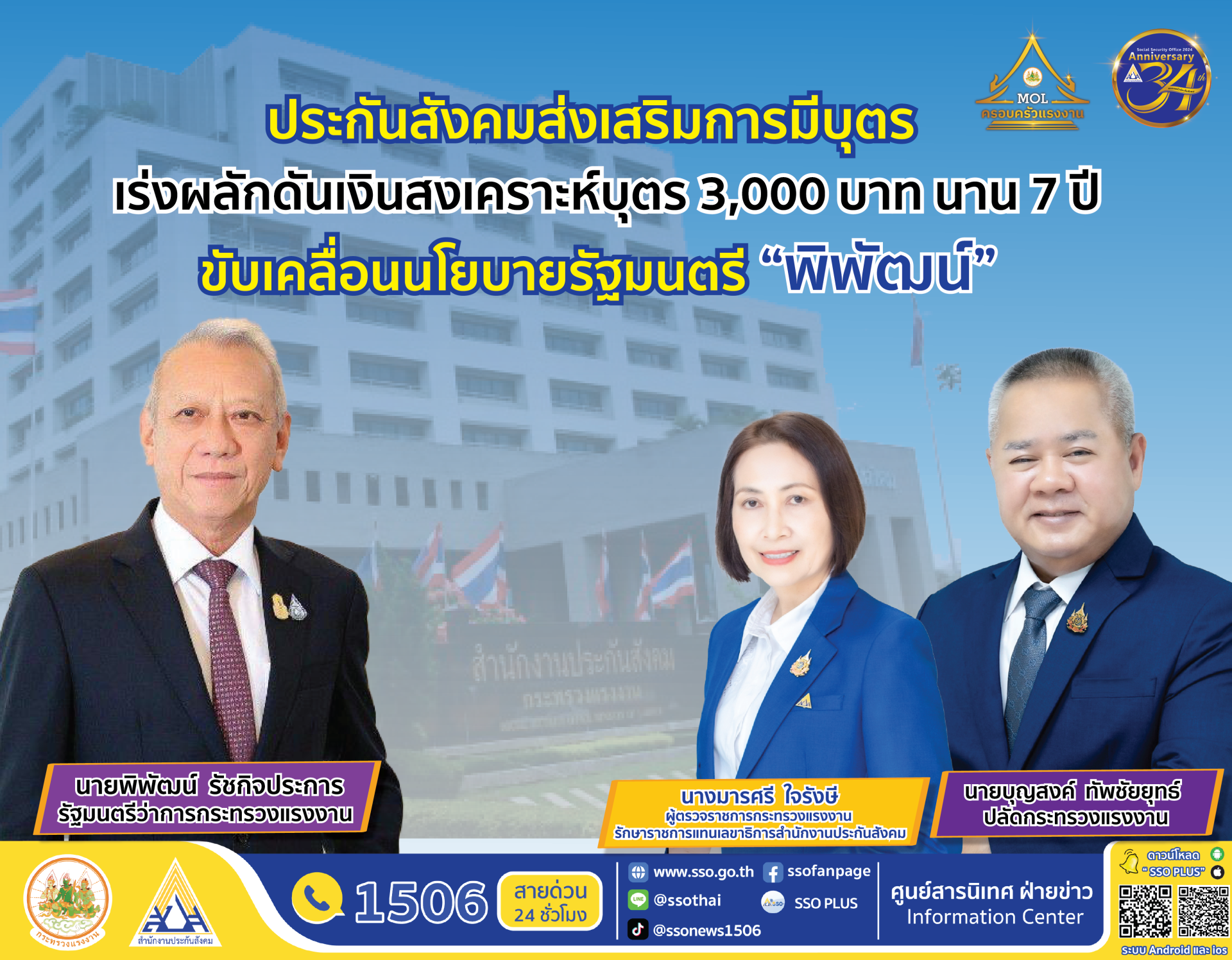 สปส.ขับเคลื่อนนโยบาย"พิพัฒน์" เร่งผลักดันเงินสงเคราะห์บุตร 3,000 บาทนาน 7 ปี