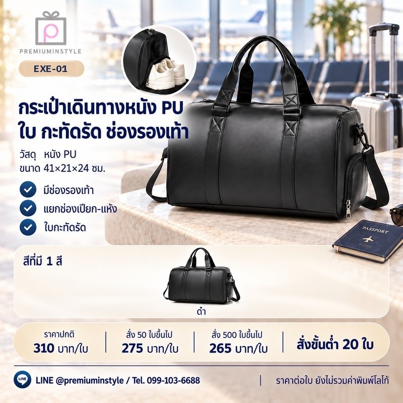 กระเป๋าเดินทางหนัง PU ใบกะทัดรัด ช่องรองเท้า พิมพ์โลโก้ ของพรีเมี่ยม รหัส EXE-01