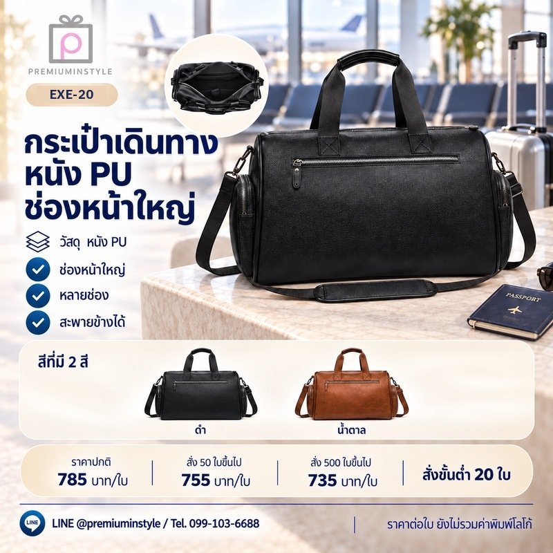 กระเป๋าเดินทางหนัง PU ช่องหน้าใหญ่ พิมพ์โลโก้ ของพรีเมี่ยม รหัส EXE-20