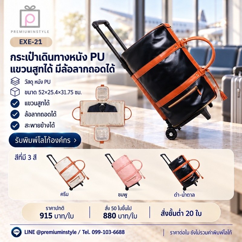 กระเป๋าเดินทางหนัง PU แขวนสูทได้ มีล้อลากถอดได้ พิมพ์โลโก้ ของพรีเมี่ยม รหัส EXE-21