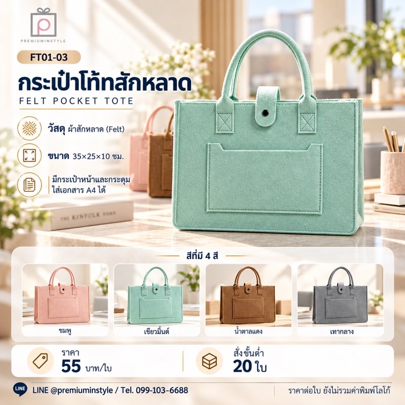 กระเป๋าโท้ทสักหลาด มีกระเป๋าหน้า ใส่ A4 พิมพ์โลโก้ ของพรีเมี่ยม รหัส FT01-03