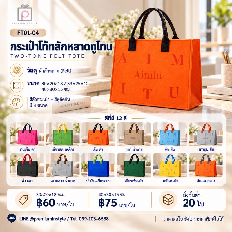 กระเป๋าโท้ทสักหลาดทูโทน (3 ขนาด) พิมพ์โลโก้ ของพรีเมี่ยม รหัส FT01-04