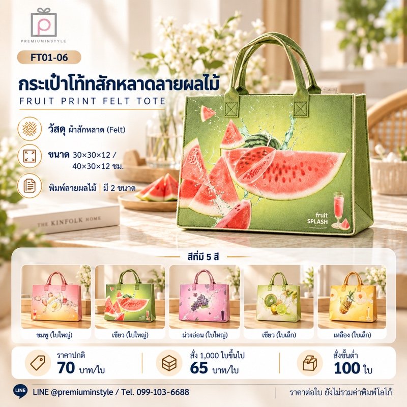 กระเป๋าโท้ทสักหลาดลายผลไม้ พิมพ์โลโก้ ของพรีเมี่ยม รหัส FT01-06