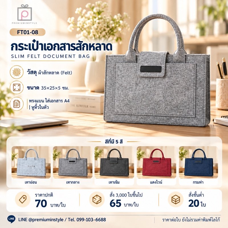 กระเป๋าเอกสารสักหลาด ทรงแบน ใส่ A4 พิมพ์โลโก้ ของพรีเมี่ยม รหัส FT01-08