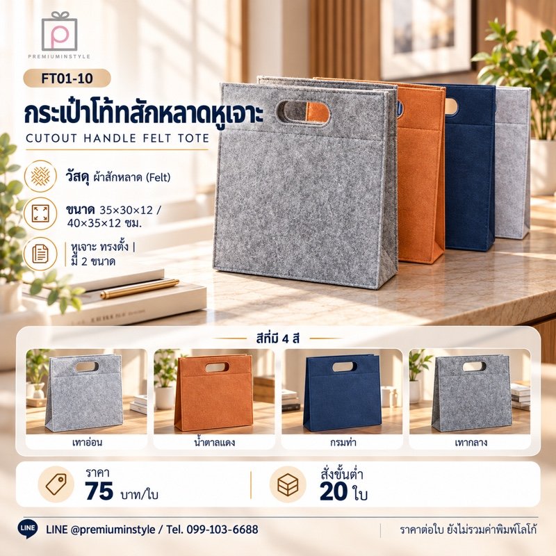 กระเป๋าโท้ทสักหลาด หูเจาะ (2 ขนาด) พิมพ์โลโก้ ของพรีเมี่ยม รหัส FT01-10