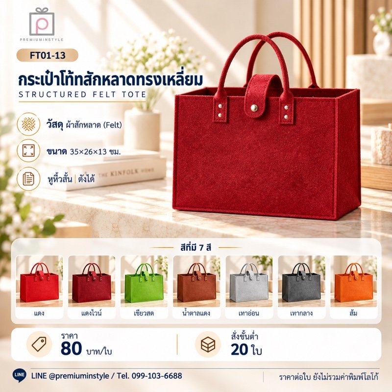 กระเป๋าโท้ทสักหลาดทรงเหลี่ยม พิมพ์โลโก้ ของพรีเมี่ยม รหัส FT01-13