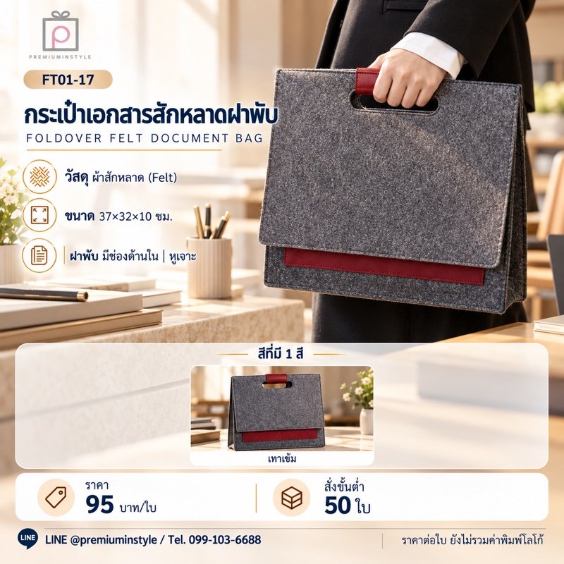 กระเป๋าเอกสารสักหลาด ฝาพับ พิมพ์โลโก้ ของพรีเมี่ยม รหัส FT01-17