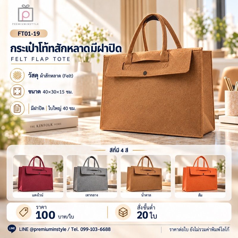 กระเป๋าโท้ทสักหลาด มีฝาปิด ใบใหญ่ พิมพ์โลโก้ ของพรีเมี่ยม รหัส FT01-19