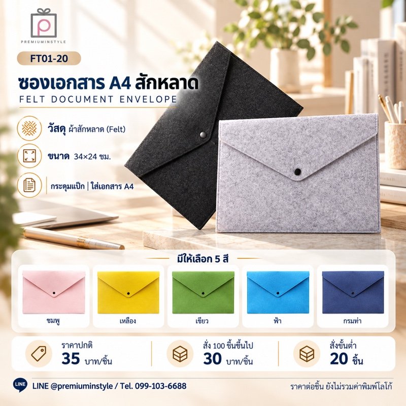 ซองเอกสาร A4 สักหลาด กระดุมแป๊ก พิมพ์โลโก้ ของพรีเมี่ยม รหัส FT01-20