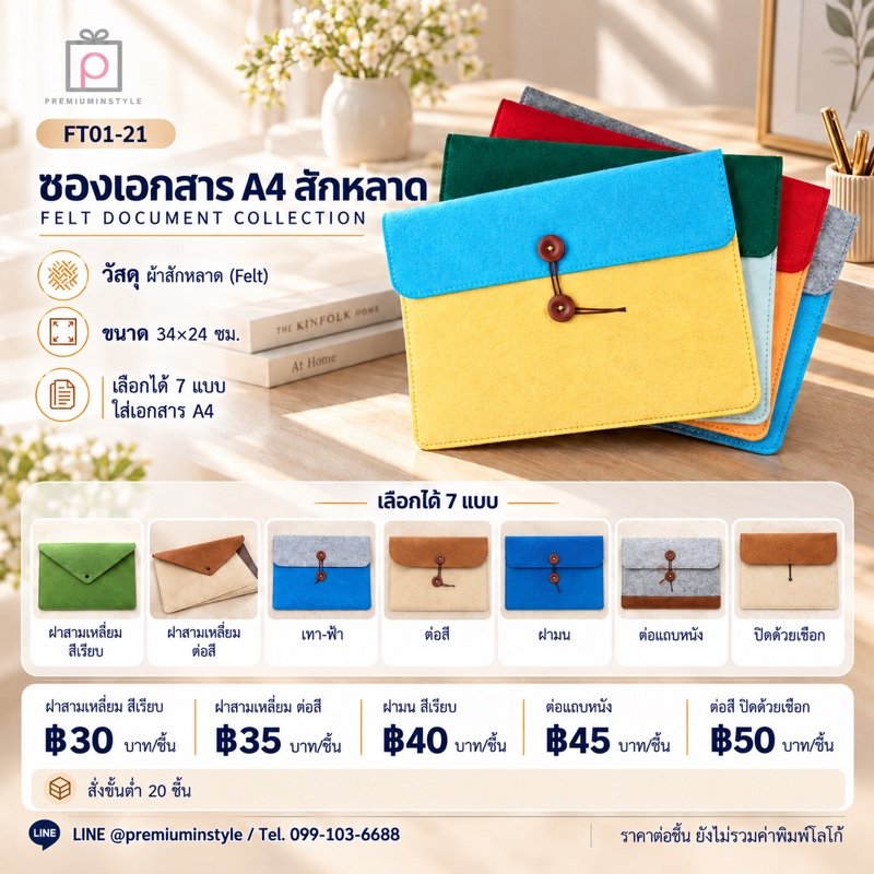 ซองเอกสาร A4 สักหลาด เลือกได้ 7 แบบ พิมพ์โลโก้ ของพรีเมี่ยม รหัส FT01-21