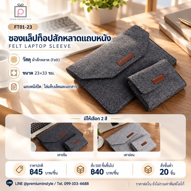 ซองแล็ปท็อปสักหลาด แถบหนัง พิมพ์โลโก้ ของพรีเมี่ยม รหัส FT01-23