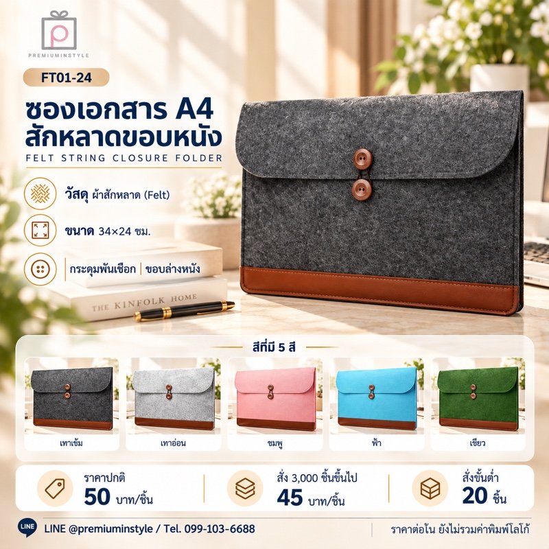 ซองเอกสาร A4 สักหลาด ขอบหนัง กระดุมพันเชือก พิมพ์โลโก้ ของพรีเมี่ยม รหัส FT01-24