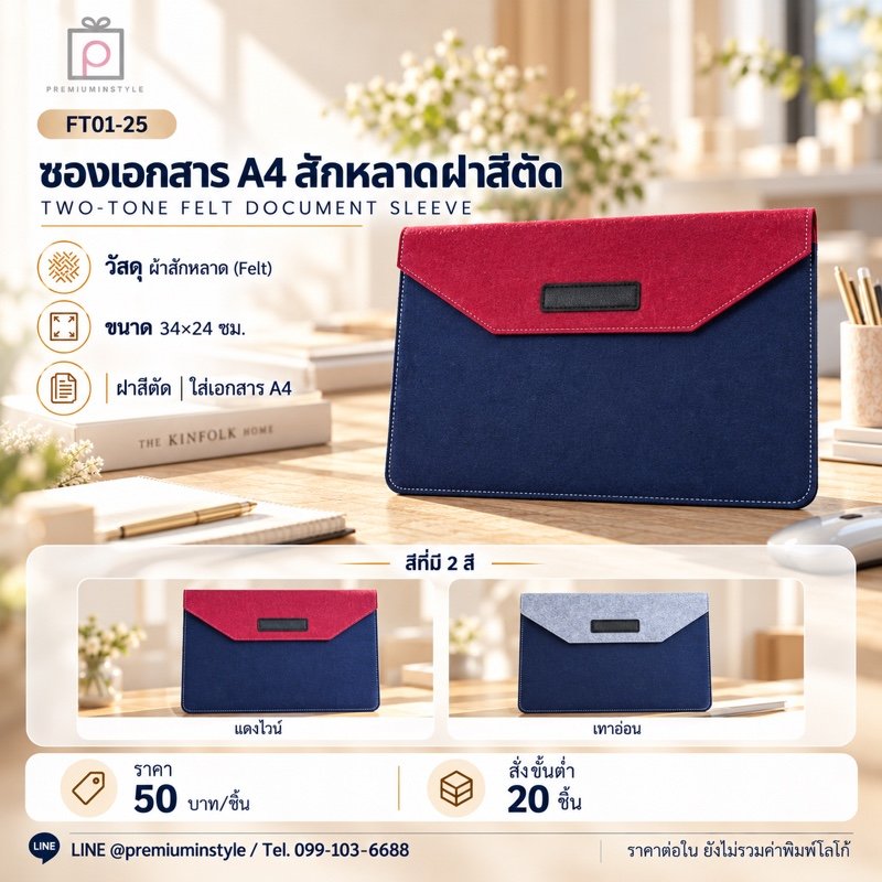 ซองเอกสาร A4 สักหลาด ฝาสีตัด พิมพ์โลโก้ ของพรีเมี่ยม รหัส FT01-25
