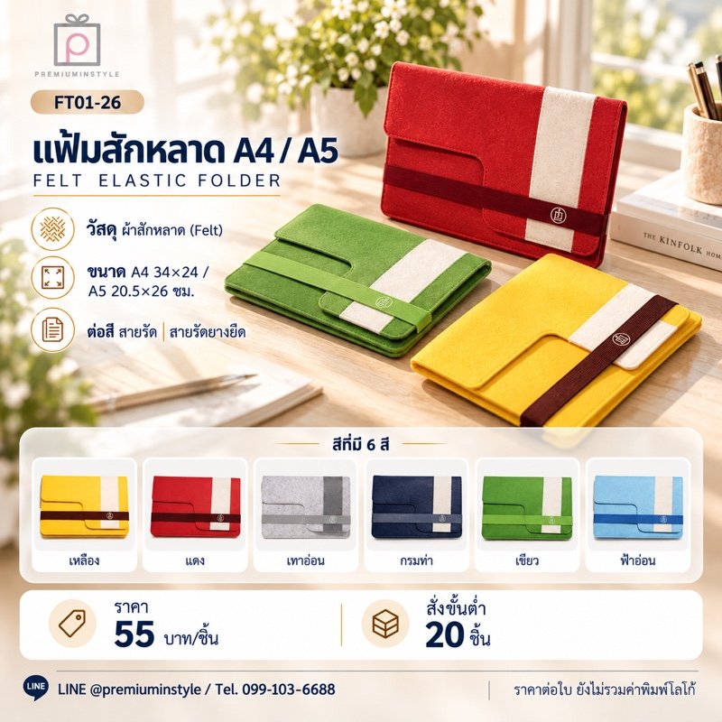 แฟ้มสักหลาด A4/A5 สายรัดยางยืด พิมพ์โลโก้ ของพรีเมี่ยม รหัส FT01-26