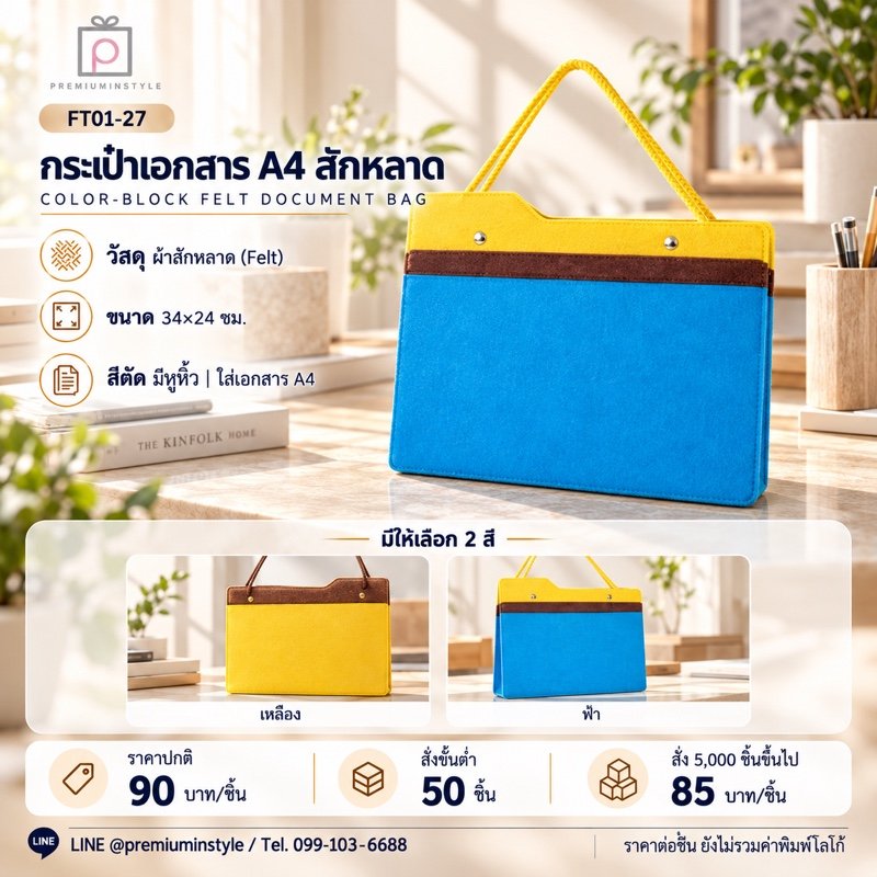 กระเป๋าเอกสาร A4 สักหลาด สีตัด มีหูหิ้ว พิมพ์โลโก้ ของพรีเมี่ยม รหัส FT01-27