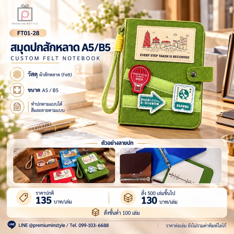 สมุดปกสักหลาด A5/B5 ทำปกตามแบบ พิมพ์โลโก้ ของพรีเมี่ยม รหัส FT01-28