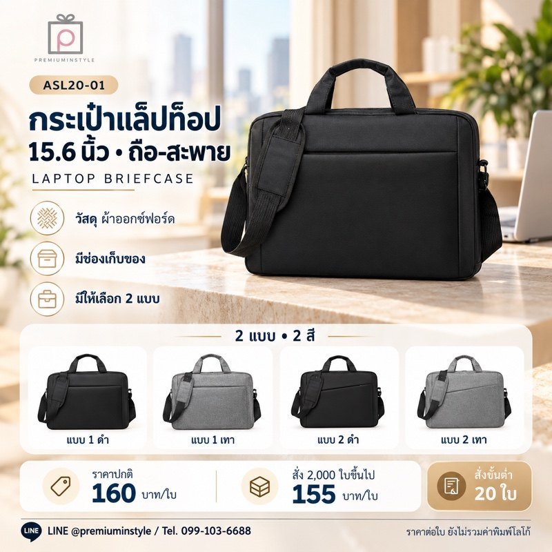 กระเป๋าแล็ปท็อป 15.6 นิ้ว ถือ-สะพาย (2 แบบ) พิมพ์โลโก้ ของพรีเมี่ยม รหัส ASL20-01
