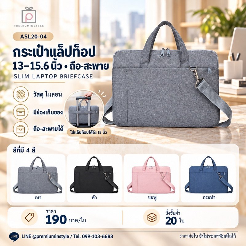 กระเป๋าแล็ปท็อป 13-15.6 นิ้ว ถือ-สะพาย พิมพ์โลโก้ ของพรีเมี่ยม รหัส ASL20-04