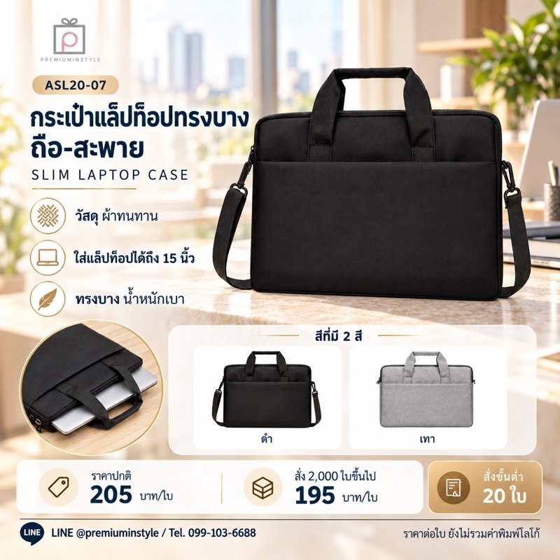 กระเป๋าแล็ปท็อปทรงบาง ถือ-สะพาย พิมพ์โลโก้ ของพรีเมี่ยม รหัส ASL20-07