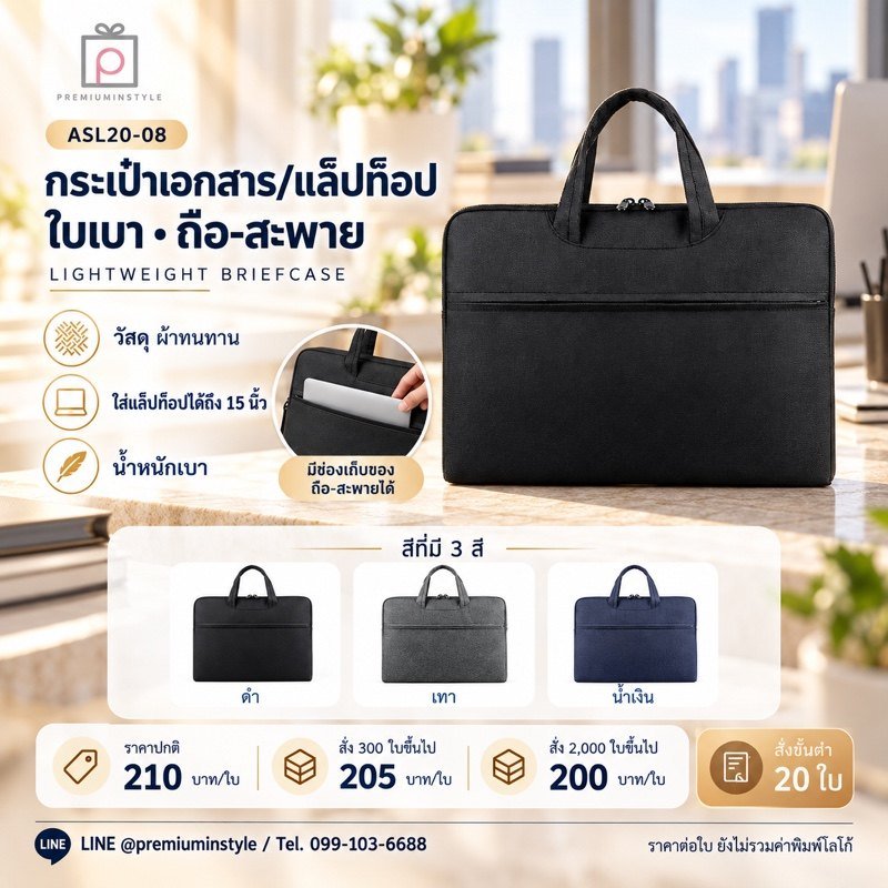 กระเป๋าเอกสาร/แล็ปท็อป ใบเบา พิมพ์โลโก้ ของพรีเมี่ยม รหัส ASL20-08