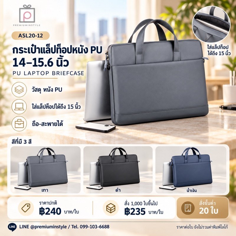 กระเป๋าแล็ปท็อปหนัง PU 14/15.6 นิ้ว พิมพ์โลโก้ ของพรีเมี่ยม รหัส ASL20-12
