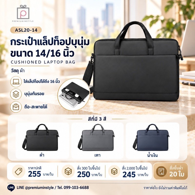 กระเป๋าแล็ปท็อป บุขนนุ่ม 14/16 นิ้ว พิมพ์โลโก้ ของพรีเมี่ยม รหัส ASL20-14