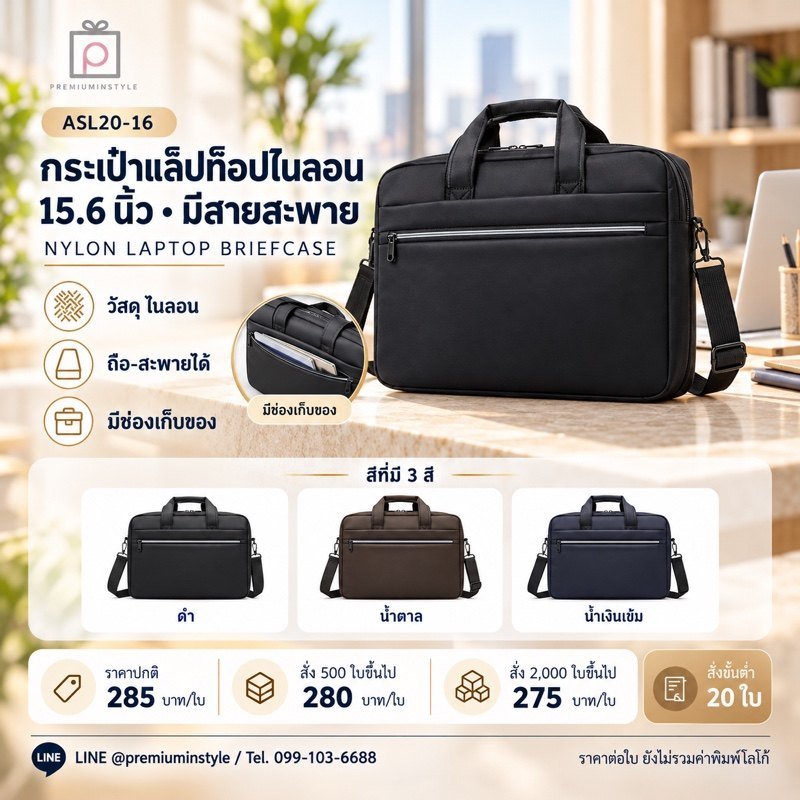 กระเป๋าแล็ปท็อป 15.6 นิ้ว ไนลอน มีสายสะพาย พิมพ์โลโก้ ของพรีเมี่ยม รหัส ASL20-16