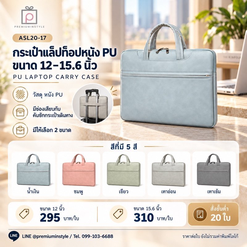 กระเป๋าแล็ปท็อปหนัง PU 12-15.6 นิ้ว พิมพ์โลโก้ ของพรีเมี่ยม รหัส ASL20-17