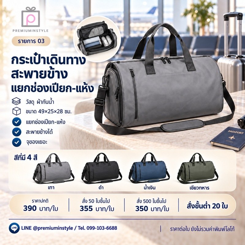 กระเป๋าเดินทางสะพายข้าง แยกช่องเปียก-แห้ง พิมพ์โลโก้ ของพรีเมี่ยม รหัส PU17-03