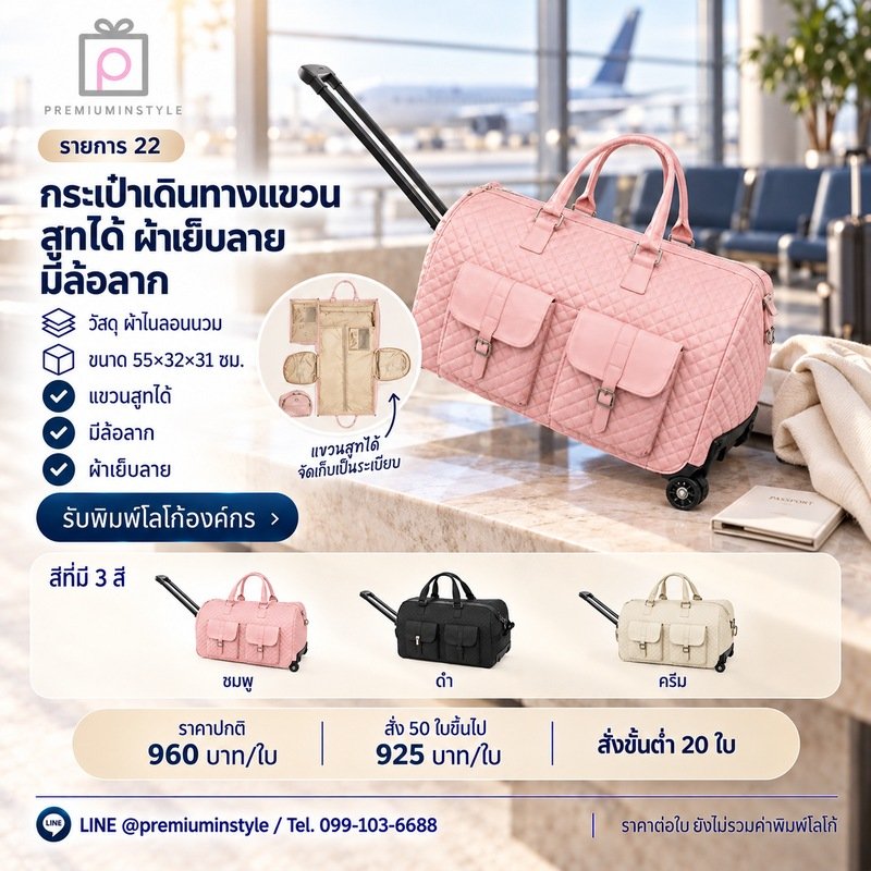 กระเป๋าเดินทางแขวนสูทได้ ผ้าเย็บลาย มีล้อลาก พิมพ์โลโก้ ของพรีเมี่ยม รหัส TT52-22