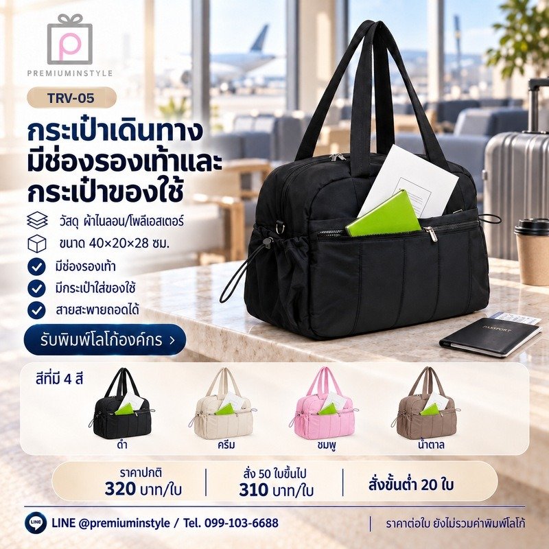 กระเป๋าเดินทาง มีช่องรองเท้าและกระเป๋าของใช้ พิมพ์โลโก้ ของพรีเมี่ยม รหัส TRV-05
