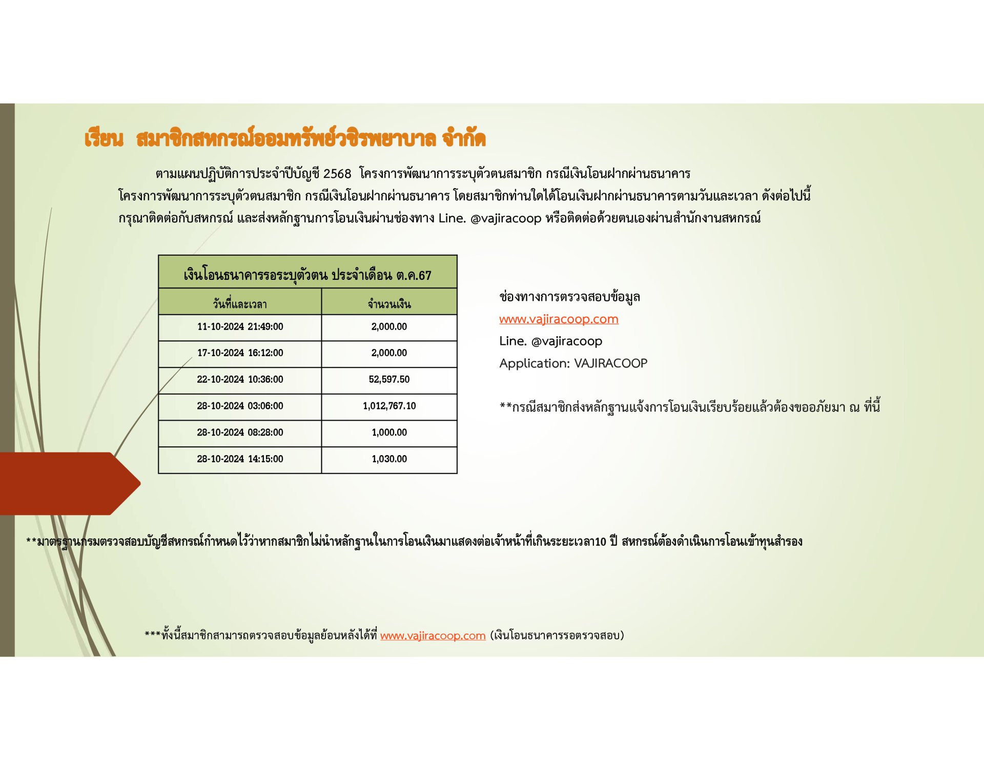 เงินโอนธนาคารรอตรวจสอบประจำเดือนตุลาคม 2567