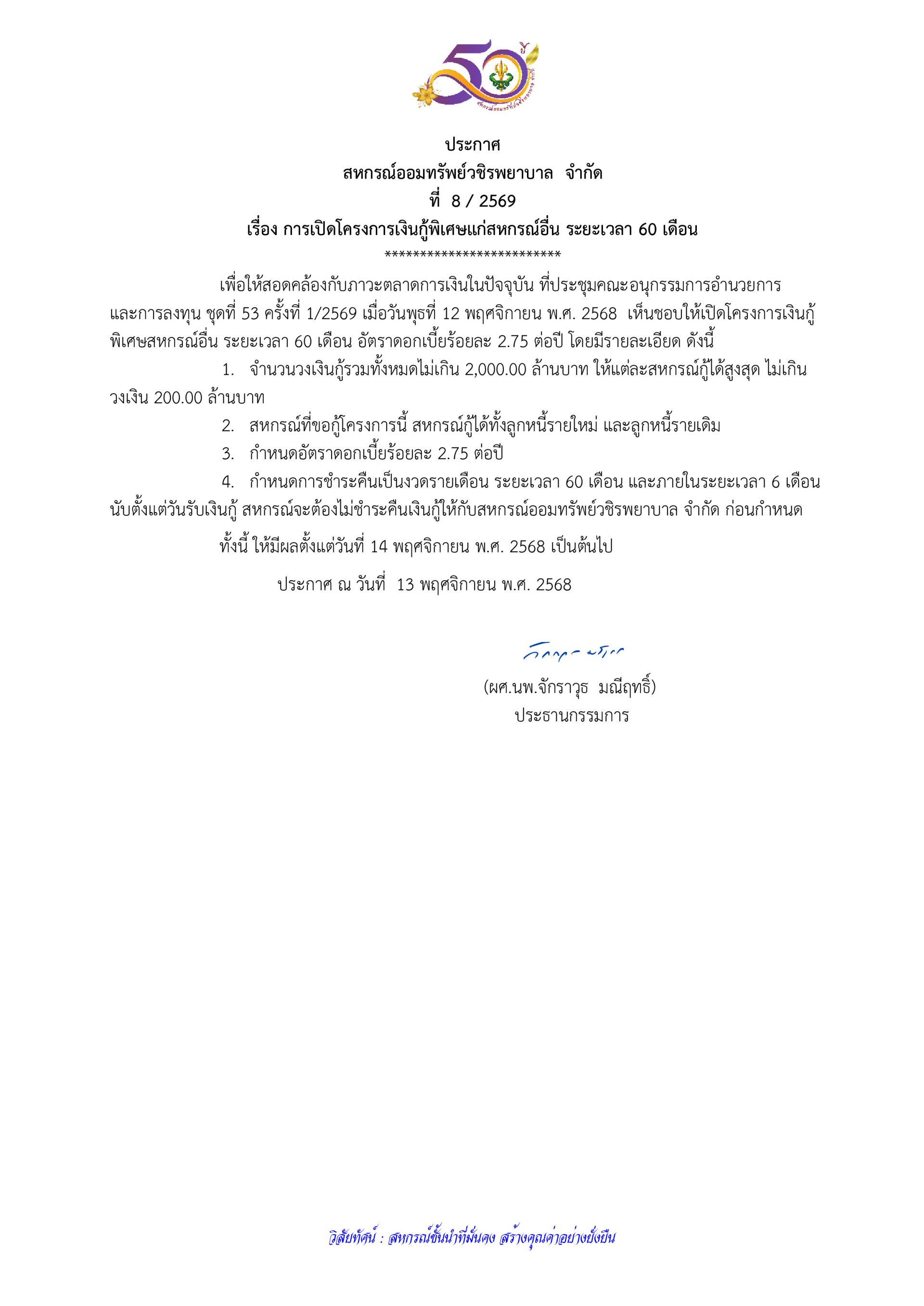 ประกาศที่ 8/2569 เรื่อง การเปิดโครงการเงินกู้พิเศษแก่สหกรณ์อื่น ระยะเวลา 60 เดือน