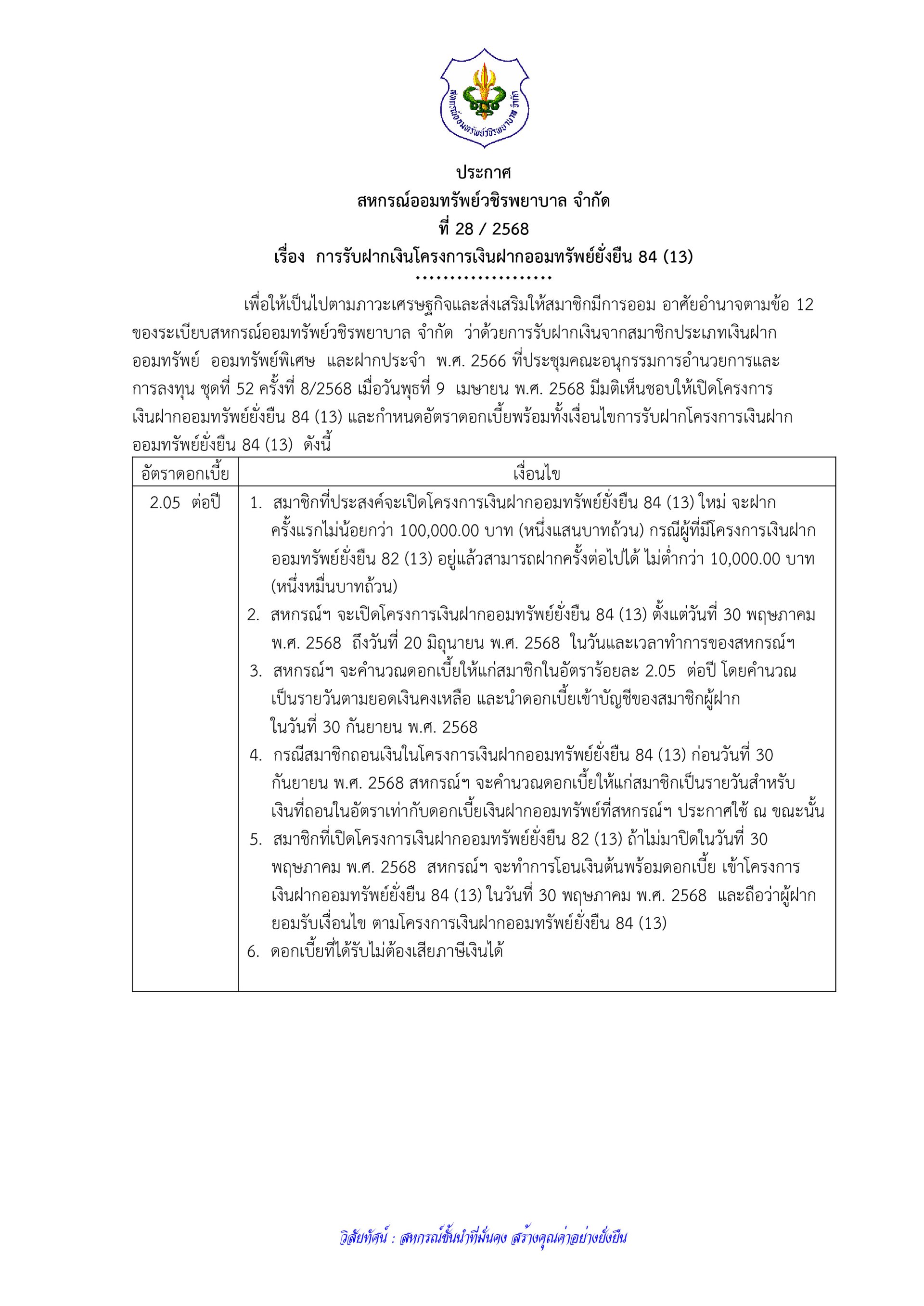 ประกาศที่ 28/2568 เรื่อง การรับฝากเงินโครงการเงินฝากออมทรัพย์ยั่งยืน 84 (13)