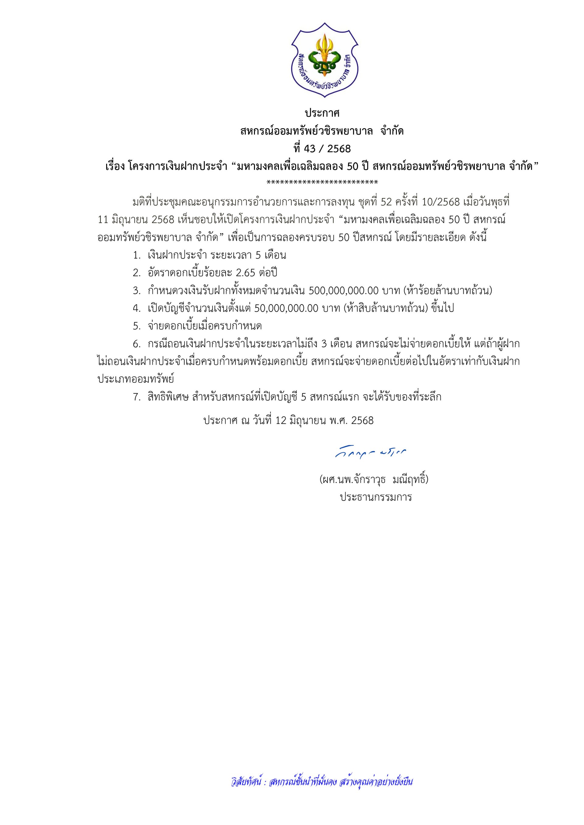 ประกาศที่ 43/2568 เรื่อง โครงการเงินฝากประจำ มหามงคลเพื่อเฉลิมฉลอง 50 ปี สหกรณ์ออมทรัพย์วชิรพยาบาล จำกัด