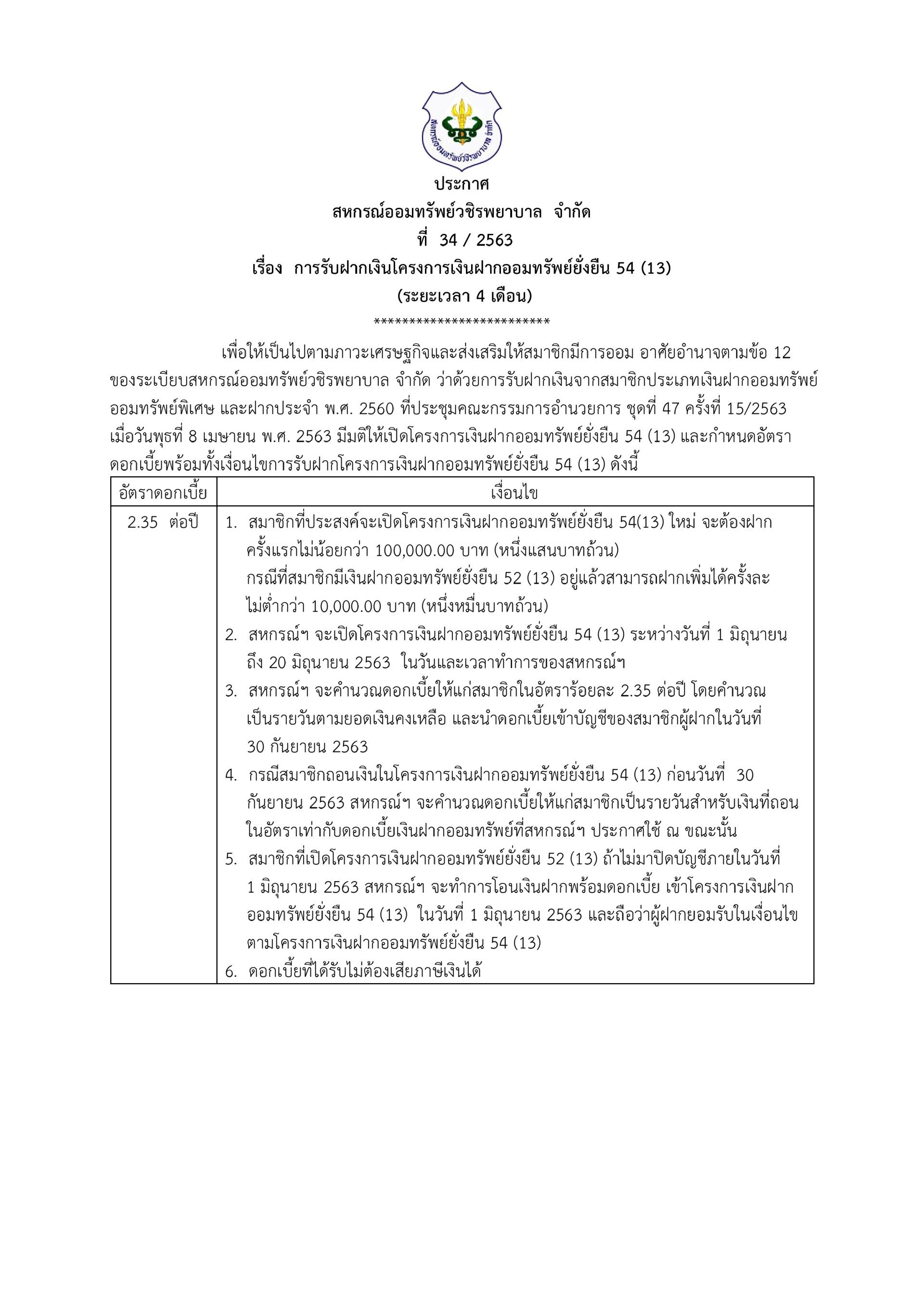 การรับฝากเงินโครงการเงินฝากออมทรัพย์ยั่งยืน 54 (13) (ระยะเวลา 4 เดือน)