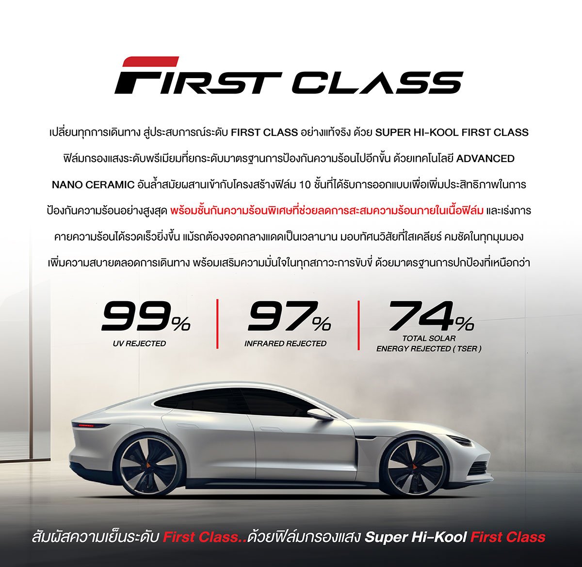 คุณสมบัติฟิล์ม First Class ป้องกัน UV 99 เปอร์เซ็นต์ IR สูงสุด 97 เปอร์เซ็นต์ และ TSER สูงสุด 74 เปอร์เซ็นต์