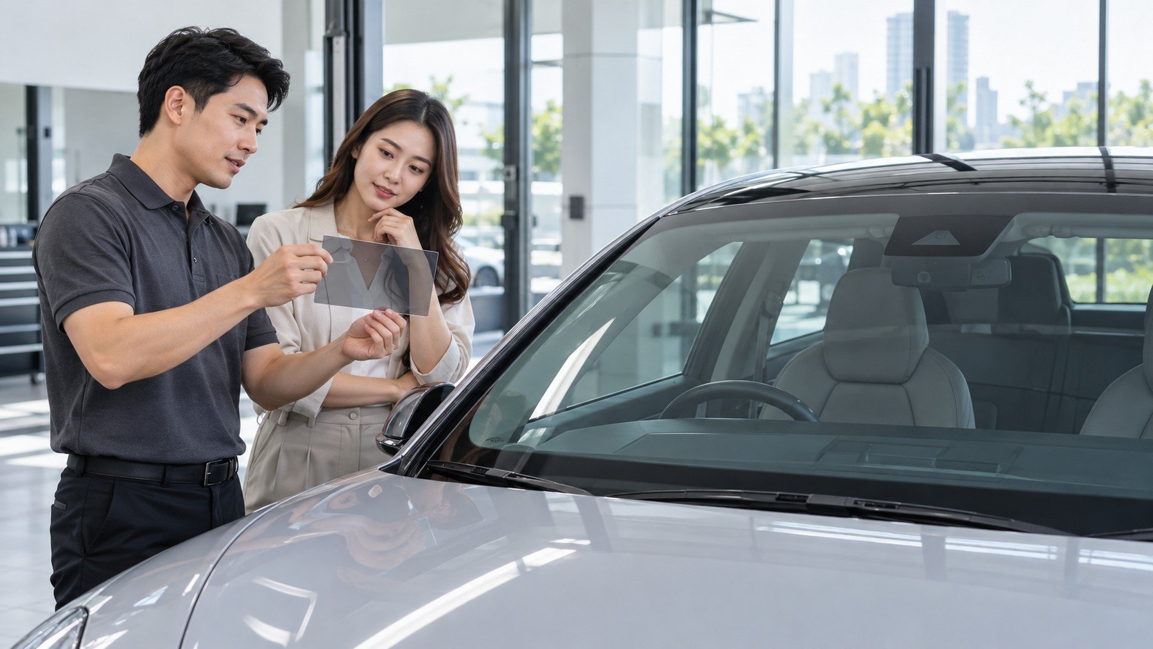 เจ้าของรถ EV และช่างตรวจตัวอย่างฟิล์มกับกระจกบานหน้าในร้านติดตั้งก่อนเลือก First Class