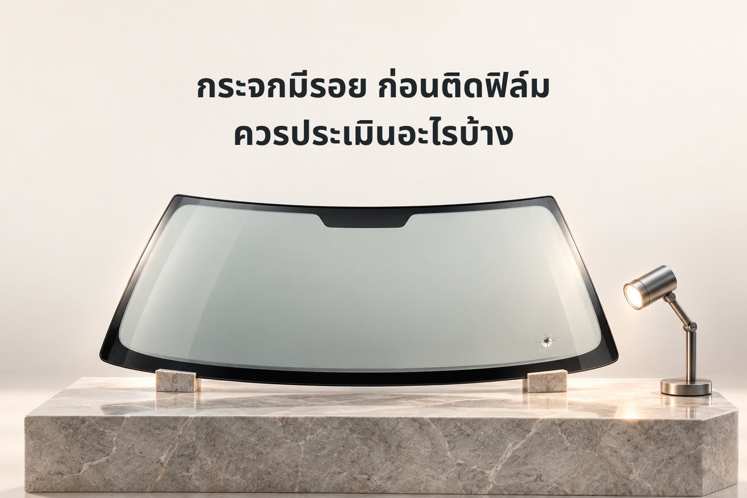 ภาพแนวคิดกระจกตัวอย่างและไฟตรวจ พร้อมหัวข้อประเมินกระจกก่อนติดฟิล์ม