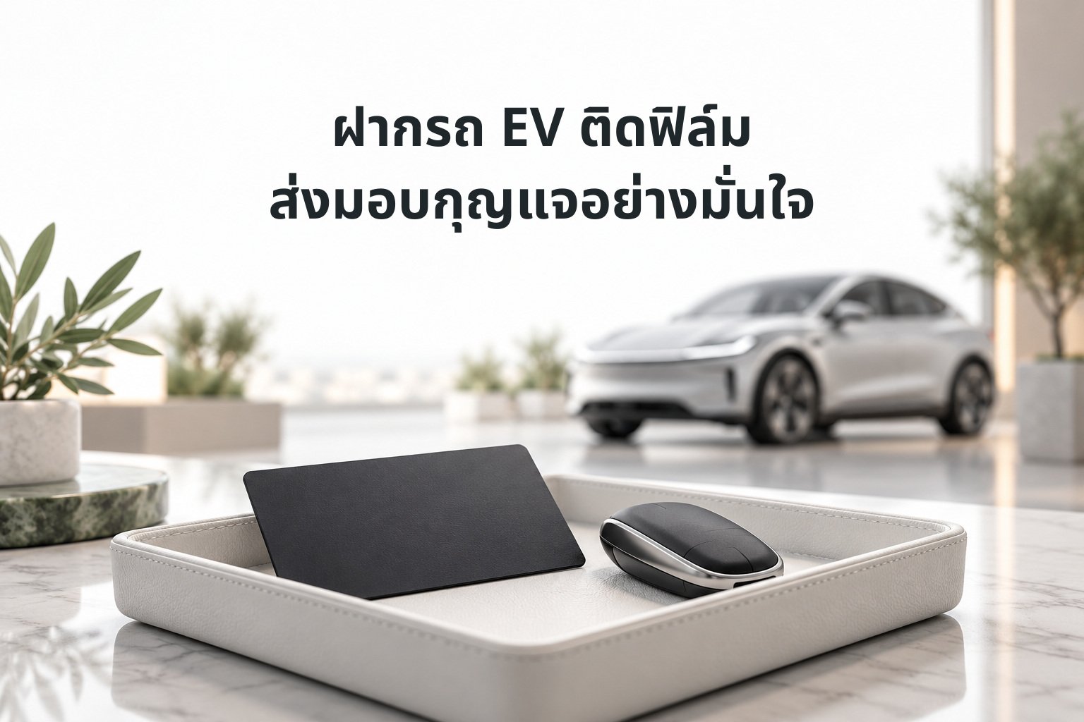 ภาพแนวคิดคีย์การ์ดและกุญแจรถในถาดรับมอบรถ EV