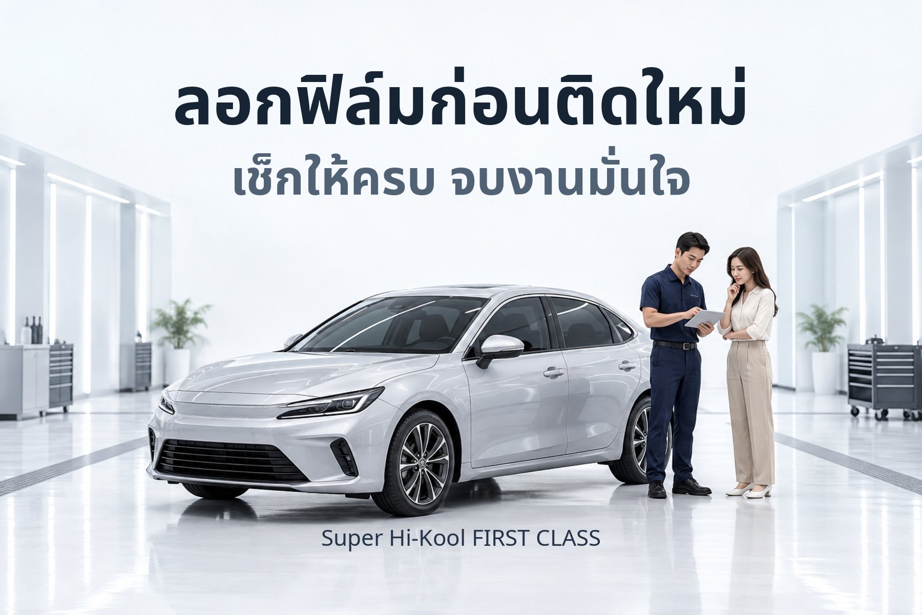 ภาพประกอบ AI การวางแผนลอกฟิล์มรถยนต์ก่อนติดใหม่ พร้อมข้อความ ลอกฟิล์มก่อนติดใหม่ เช็กให้ครบ จบงานมั่นใจ