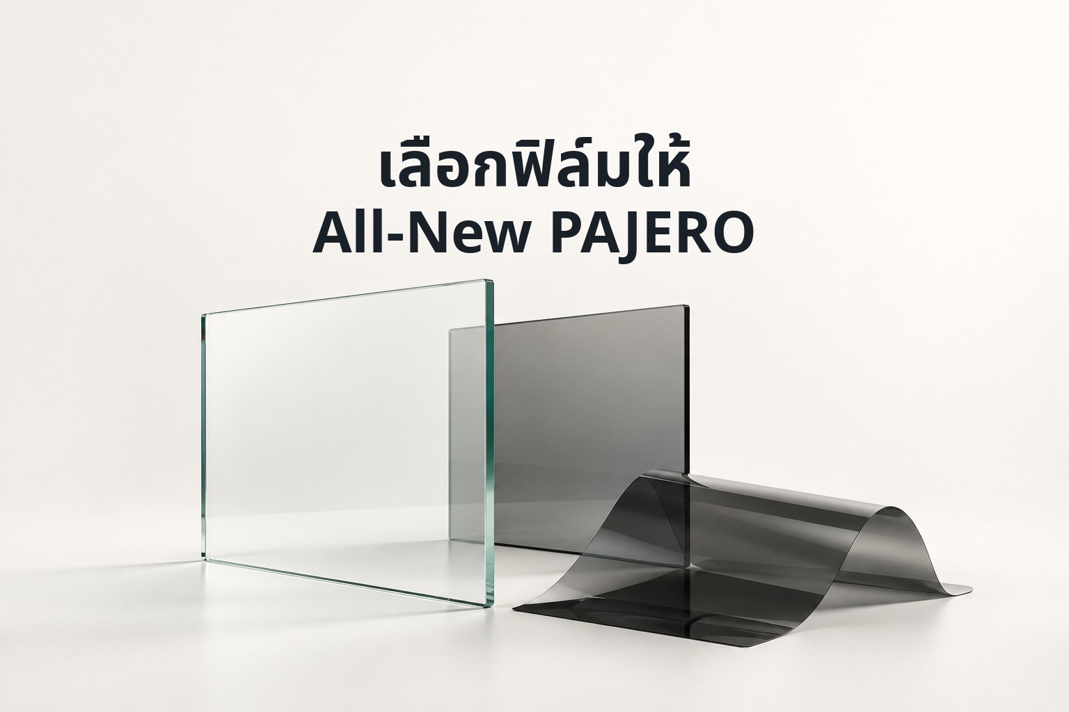 ภาพแนวคิดแผ่นกระจกและฟิล์มกรองแสง พร้อมข้อความ เลือกฟิล์มให้ All-New PAJERO